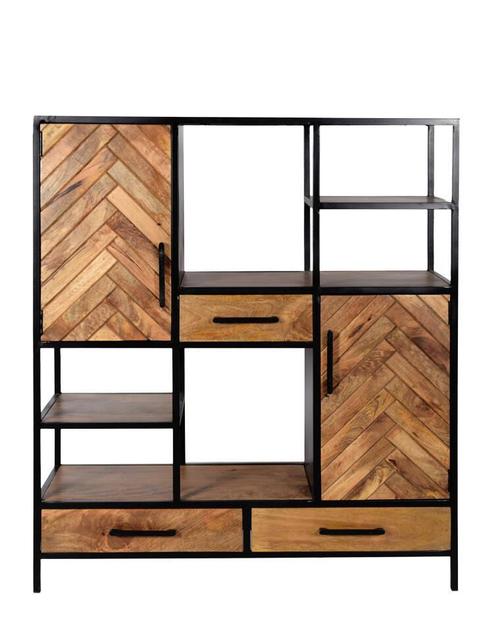 Opbergkast Brooklyn Visgraat – 140 cm | Mangohout &amp; Zwart St, Huis en Inrichting, Kasten | Wandmeubels, Ophalen