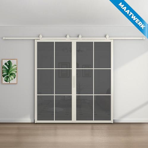 Dubbele stalen Schuifdeuren 6 Vlaks Wit Maatwerk Rook glas, Doe-het-zelf en Verbouw, Kozijnen en Schuifpuien, Nieuw, Inclusief glas