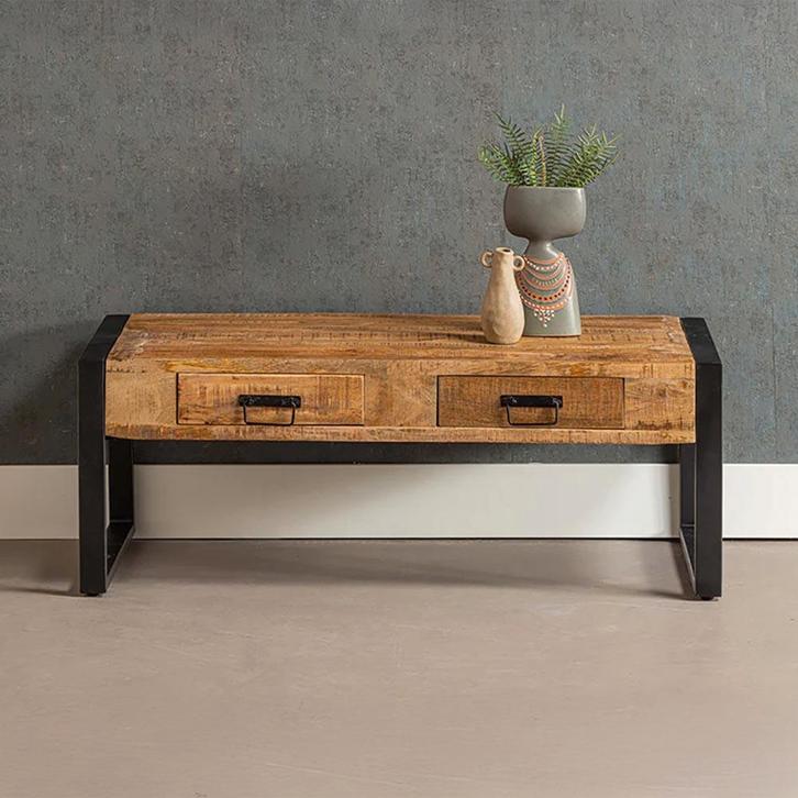 Salontafel Mangohout Britt 2 Lades 120, Huis en Inrichting, Tafels | Salontafels, Nieuw, Overige houtsoorten, Overige vormen, Verzenden