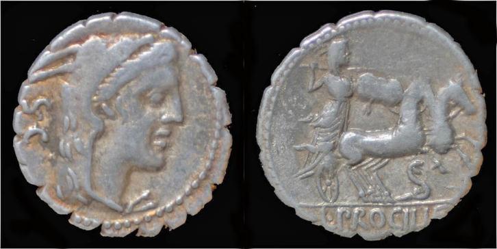 80bc Roman L Procilius Ar serrate denarius zilver, Postzegels en Munten, Munten | Europa | Niet-Euromunten, Verzenden