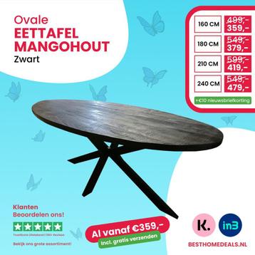 Ovale eettafel zwart mangohout 180cm al v.a. €379,-!!