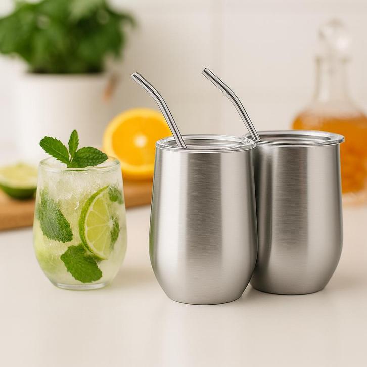 RVS Thermo Bekers met Rietje – 2 stuks, Huis en Inrichting, Keuken | Tupperware, Nieuw, Verzenden