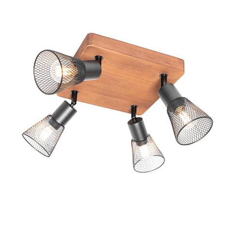Industriële spot zwart met hout 4-lichts - Kristina, Huis en Inrichting, Lampen | Spots, Nieuw, Overige materialen
