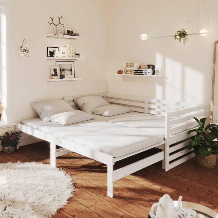 vidaXL Bedbank uitschuifbaar massief grenenhout wit, Huis en Inrichting, Slaapkamer | Bedden, 90 cm, 200 cm, Wit, Eenpersoons