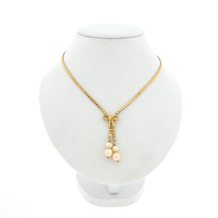 Gouden fantasie schakel ketting met vaste hanger; parel |..., Sieraden, Tassen en Uiterlijk, Kettingen, Overige kleuren, Gebruikt