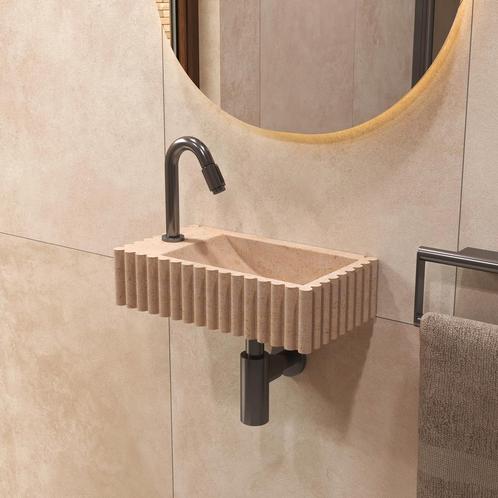 Salenzi Travertin Light Fontein 40x22cm Links Geribbeld, Doe-het-zelf en Verbouw, Sanitair, Overige typen, Nieuw, Ophalen of Verzenden