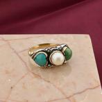 Gouden/zilveren ring met aventurijn, parel en turquoise, Sieraden, Tassen en Uiterlijk, Ringen, Gebruikt, Overige kleuren, 19 tot 20