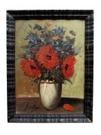 École européenne du XXe siècle - Fleurs rouges dans un vase, Antiek en Kunst, Kunst | Schilderijen | Klassiek