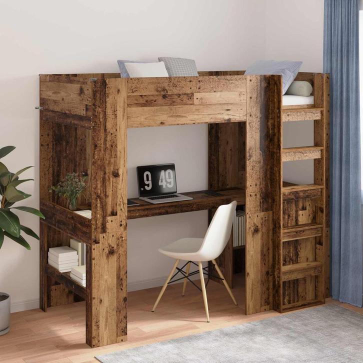 vidaXL Loft Bedframe met Bureau Oudhout 90 x 200 cm Bewerkt, Huis en Inrichting, Slaapkamer | Bedden, Bruin, Nieuw, Hout, Verzenden