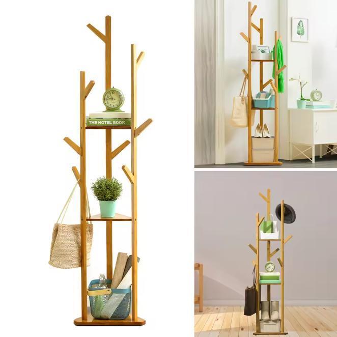 Bamboe Kapstok met 9 Haken – Vrijstaand met 3-Laags Plank, Huis en Inrichting, Woonaccessoires | Kapstokken, Nieuw, Verzenden