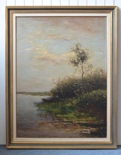 Victor Bauffe (1849-1921) - Polderlandschap met een man in, Antiek en Kunst, Kunst | Schilderijen | Klassiek