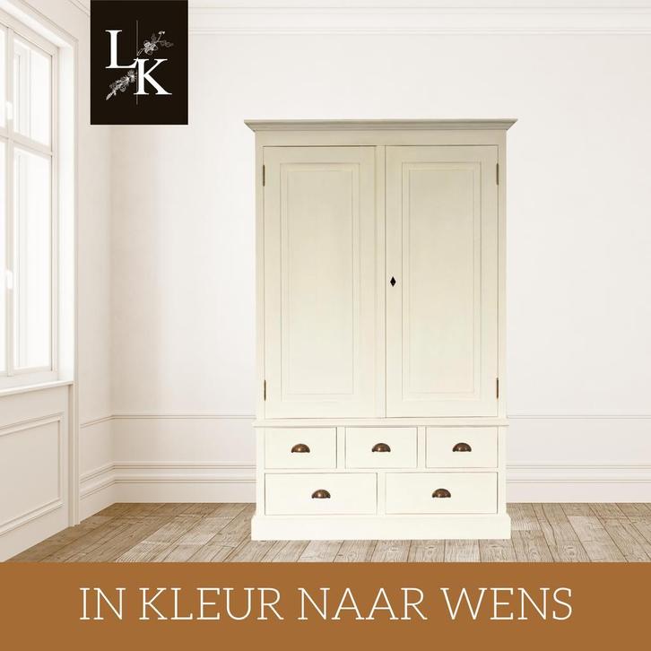 Landelijk Klassiek - Kledingkast Brighton - Hout - Wit, Huis en Inrichting, Kasten | Kledingkasten, Nieuw, Met lade(s), Met deur(en)