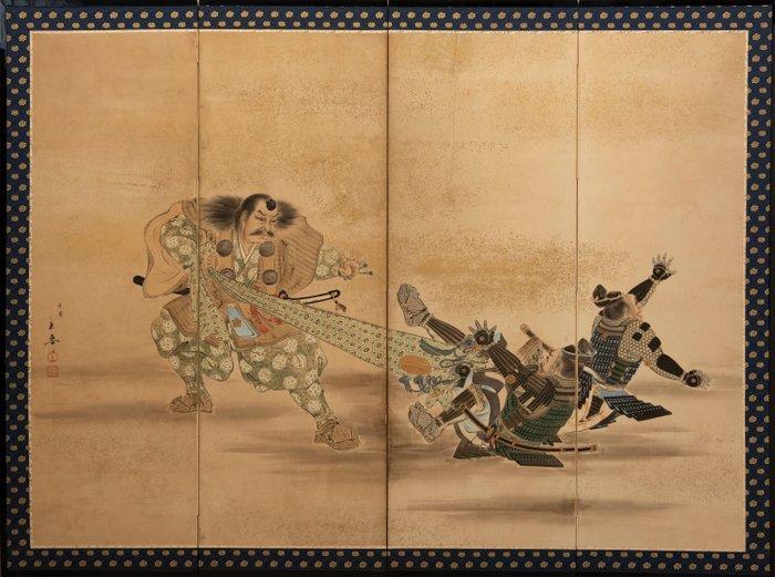 Bybu kamerscherm - Papier, Hout, Een vierluik byobu scherm, Antiek en Kunst, Antiek | Overige Antiek