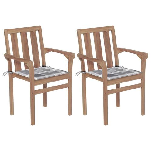 vidaXL Tuinstoelen 2 st met grijs geruite kussens massief, Tuin en Terras, Tuinstoelen, Nieuw, Teakhout, Verzenden