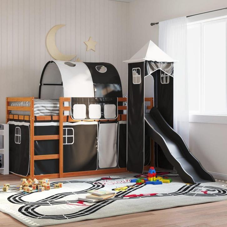 vidaXL Stapelbed met glijbaan en gordijnen wit en zwart, Huis en Inrichting, Slaapkamer | Bedden, 90 cm, 200 cm, Zwart, Eenpersoons