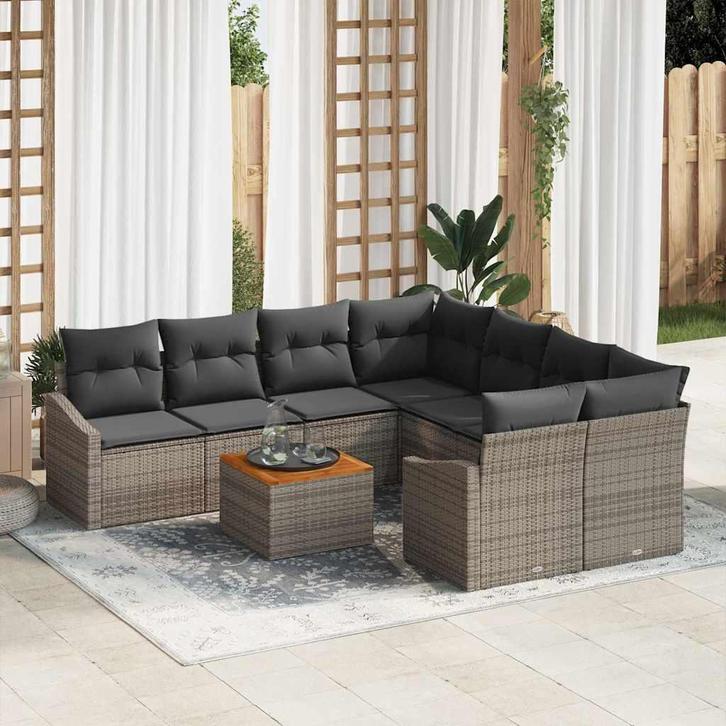 vidaXL Tuin Sofa Set 9 pcs Grijs, Tuin en Terras, Tuinsets en Loungesets, Nieuw, Rotan, Verzenden