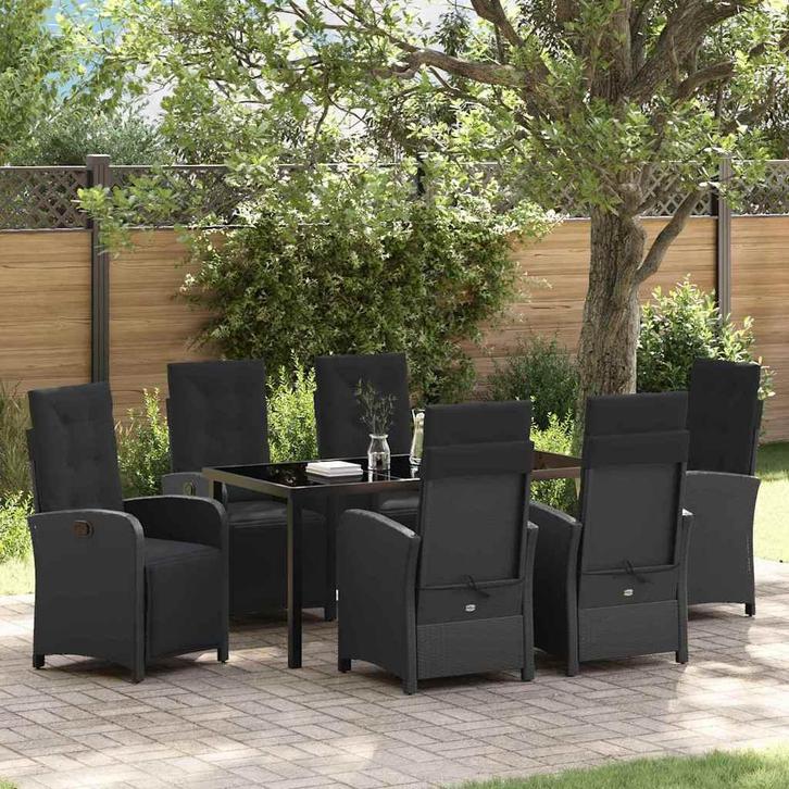 vidaXL Tuin eettafelset met kussen 7 pcs Zwart poly rattan, Tuin en Terras, Tuinsets en Loungesets, Nieuw, Rotan, Verzenden