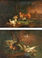 Scuola fiamminga (XVII) - Coppia di nature vive con animali, Antiek en Kunst, Kunst | Schilderijen | Klassiek