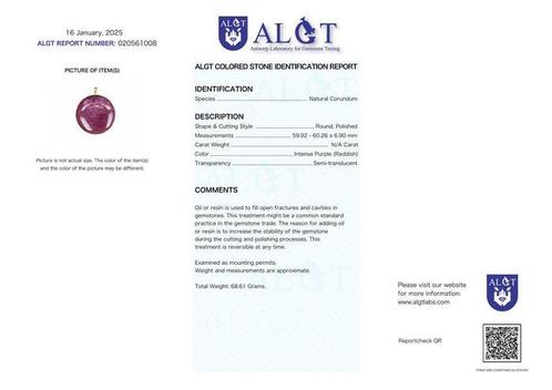 ALGT Gecertificeerd - Huge Natuurlijke Robijn Hanger -, Verzamelen, Mineralen en Fossielen