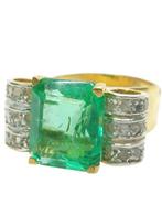 Zonder Minimumprijs - Ring - 9 kt. Geel goud, Zilver Smaragd, Sieraden, Tassen en Uiterlijk, Ringen, Nieuw