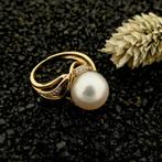 Vintage gouden ring met parel en diamant | 0,13 ct., Sieraden, Tassen en Uiterlijk, Ringen, 18 tot 19, Gebruikt, Overige kleuren