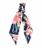 Scrunchie Haarelastiek Linten Tropische Bloemen Print Blauw, Verzenden, Nieuw