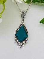 Zilver, Art Deco - Groene Agaat - Ketting met hanger - Art, Antiek en Kunst