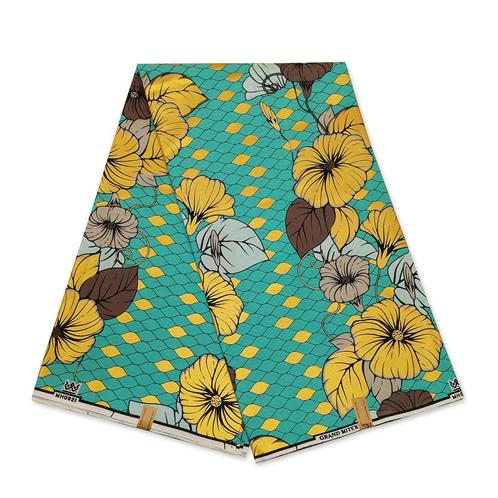 Afrikaanse stof - Grand Wax - Turquoise Gouden Bloemen  - Me, Hobby en Vrije tijd, Stoffen en Lappen, Nieuw, Ophalen of Verzenden
