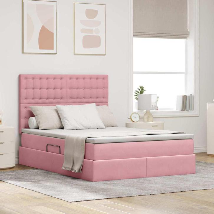 vidaXL Opslag bed met matras met matras Roze 140 x 190 cm, Huis en Inrichting, Slaapkamer | Bedden, Nieuw, Stof, Verzenden