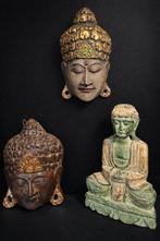 Beeld, Drie Boeddhistische snijwerken - 28.5 cm - Hout, Antiek en Kunst, Kunst | Niet-Westerse kunst