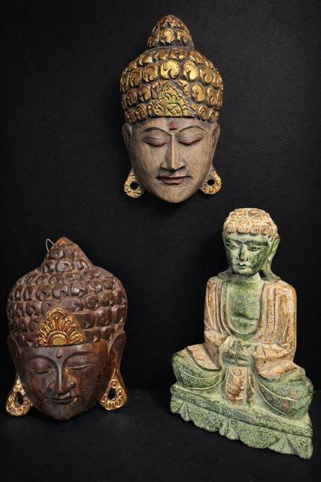Beeld, Drie Boeddhistische snijwerken - 28.5 cm - Hout, Antiek en Kunst, Kunst | Niet-Westerse kunst