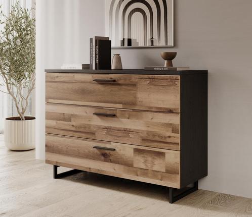 Meubella | Ladekast eiken zwart 120cm - 3 lades Industrieel, Huis en Inrichting, Kasten | Ladekasten, 25 tot 50 cm, Nieuw, 100 tot 150 cm