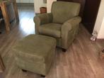 Leren fauteuil met houten poten - met hocker - groen leer, Huis en Inrichting, Fauteuils, Klassiek, Nieuw, Ophalen of Verzenden