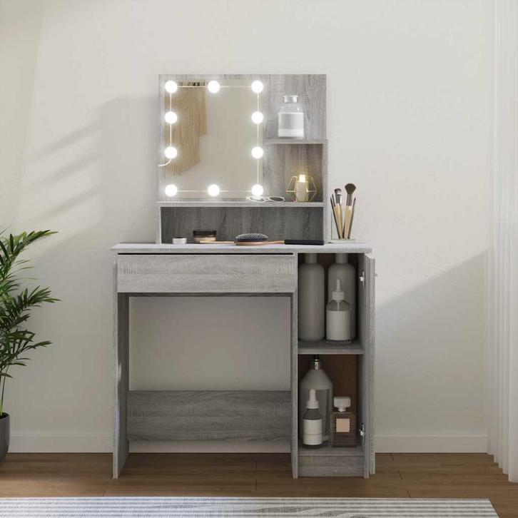 vidaXL Kaptafel met LED 86,5x35x136 cm grijs sonoma, Huis en Inrichting, Tafels | Salontafels, 50 tot 100 cm, Nieuw, Overige houtsoorten