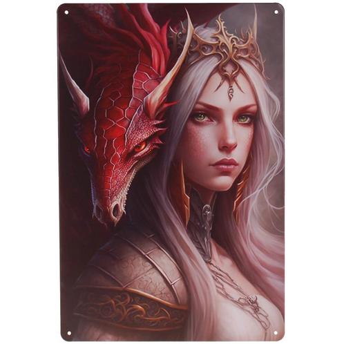 Metalen Plaatje - Mystique Dame met Rode Draak - Fantasy - 2, Huis en Inrichting, Woonaccessoires | Tekstborden en Spreuken, Nieuw