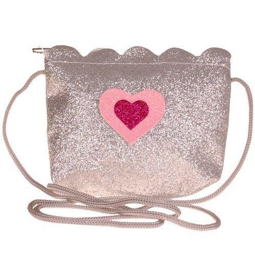 Mini schoudertasje zilver glitters met roze hartje - 12x11 c, Sieraden, Tassen en Uiterlijk, Tassen | Schoudertassen, Grijs, Nieuw