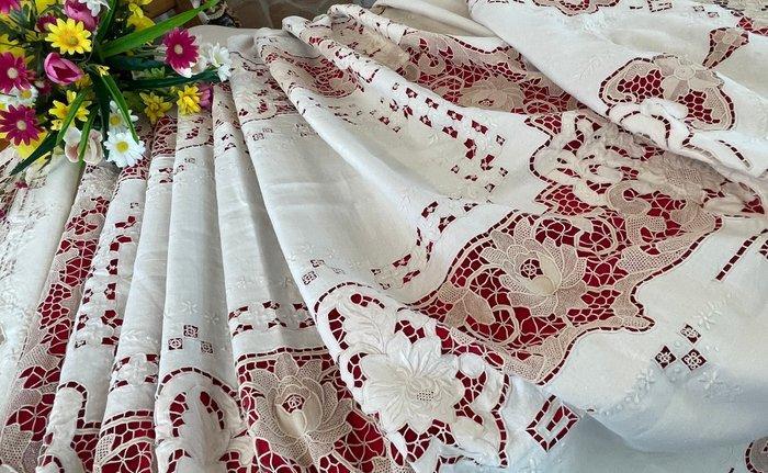 tovaglia da tavola in puro lino con ricami e pizzo burano -, Antiek en Kunst, Antiek | Kleden en Textiel