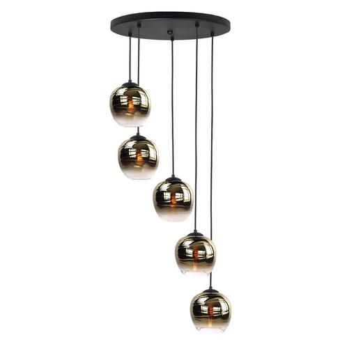 Hanglamp semi goud glas 5 voudig Glazen lampenkap bol 22cm, Huis en Inrichting, Lampen | Hanglampen, Metaal, Minder dan 50 cm