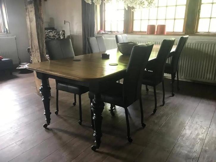 Set van 6 leren eetkamerstoelen met wieltjes en hoge rug -, Huis en Inrichting, Stoelen, Nieuw, Leer, Ophalen of Verzenden