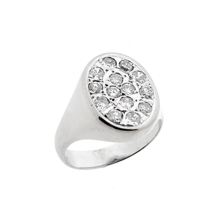 Witgouden ovalen zegelring met diamanten | 0,86 ct., Sieraden, Tassen en Uiterlijk, Ringen, Dame of Heer, Met edelsteen, Overige kleuren