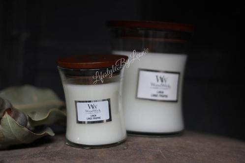 WoodWick Linen mini, Huis en Inrichting, Woonaccessoires | Kandelaars en Kaarsen, Nieuw, Ophalen of Verzenden