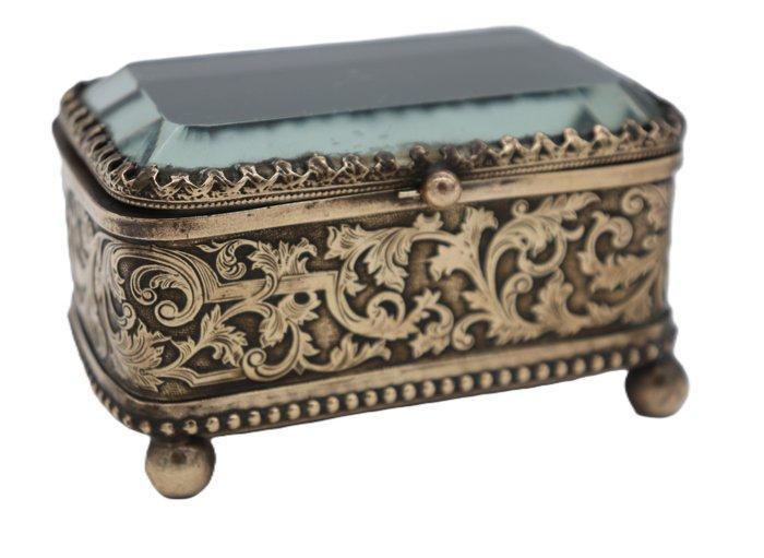 Sieradendoos - Messing glazen sieradendoosje met geslepen, Antiek en Kunst, Curiosa en Brocante