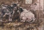 Giulio Falzoni (1900-1979) - Buoi nella stalla, Antiek en Kunst, Kunst | Schilderijen | Klassiek