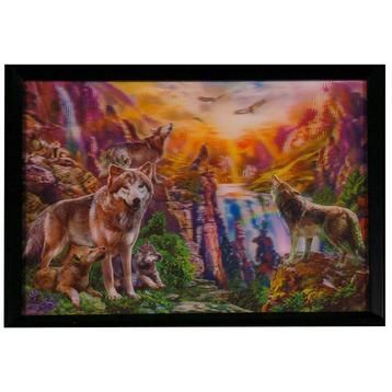 Poster 3D met Lijst - Wolven met Welpen in Bergen - 43x33cm beschikbaar voor biedingen