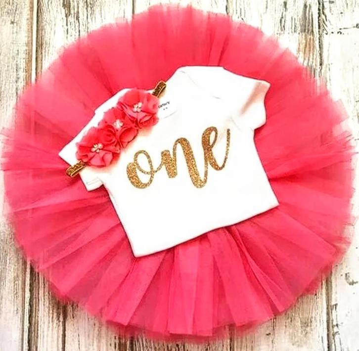 3-delig 1e verjaardag setje koraal rood and wit Elegant Flow, Kinderen en Baby's, Babykleding | Maat 80, Jurkje of Rokje, Meisje