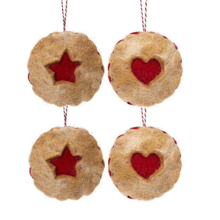 Hangers Vilt Kerst - 4 Stuks - Linzer Koekje 2xHart & 2xSter, Diversen, Kerst, Nieuw, Ophalen of Verzenden