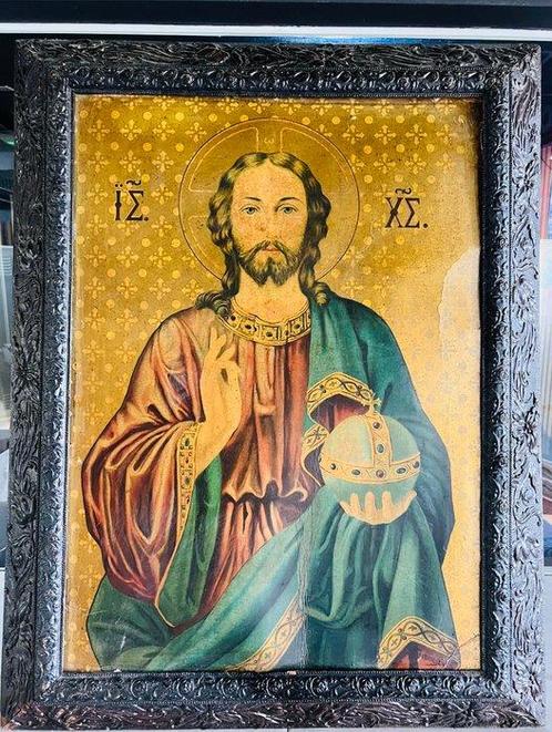 Cromolitografie - Christus Pantocrator - 68 x 88 cm - Hout -, Antiek en Kunst, Antiek | Boeken en Bijbels