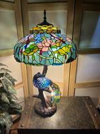 Tafellamp - Gietijzer - Glazen pauwenlamp, Antiek en Kunst
