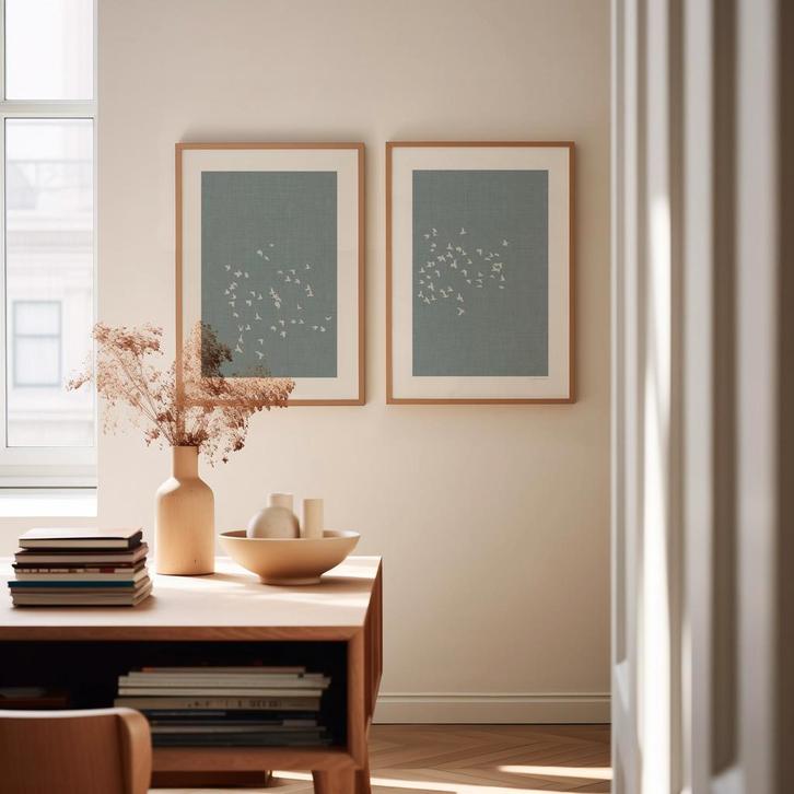 Japandi Posters - Zwerm Vogels Linnen Look, Huis en Inrichting, Woonaccessoires | Wanddecoraties, Nieuw, Verzenden