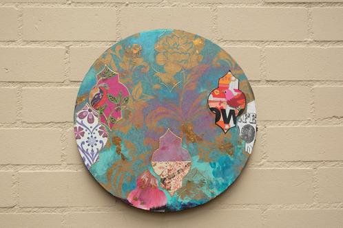 Rond Mixed Media Kunstwerk – &quot;Oosterse Glim&quot;, Antiek en Kunst, Antiek | Woonaccessoires, Ophalen of Verzenden